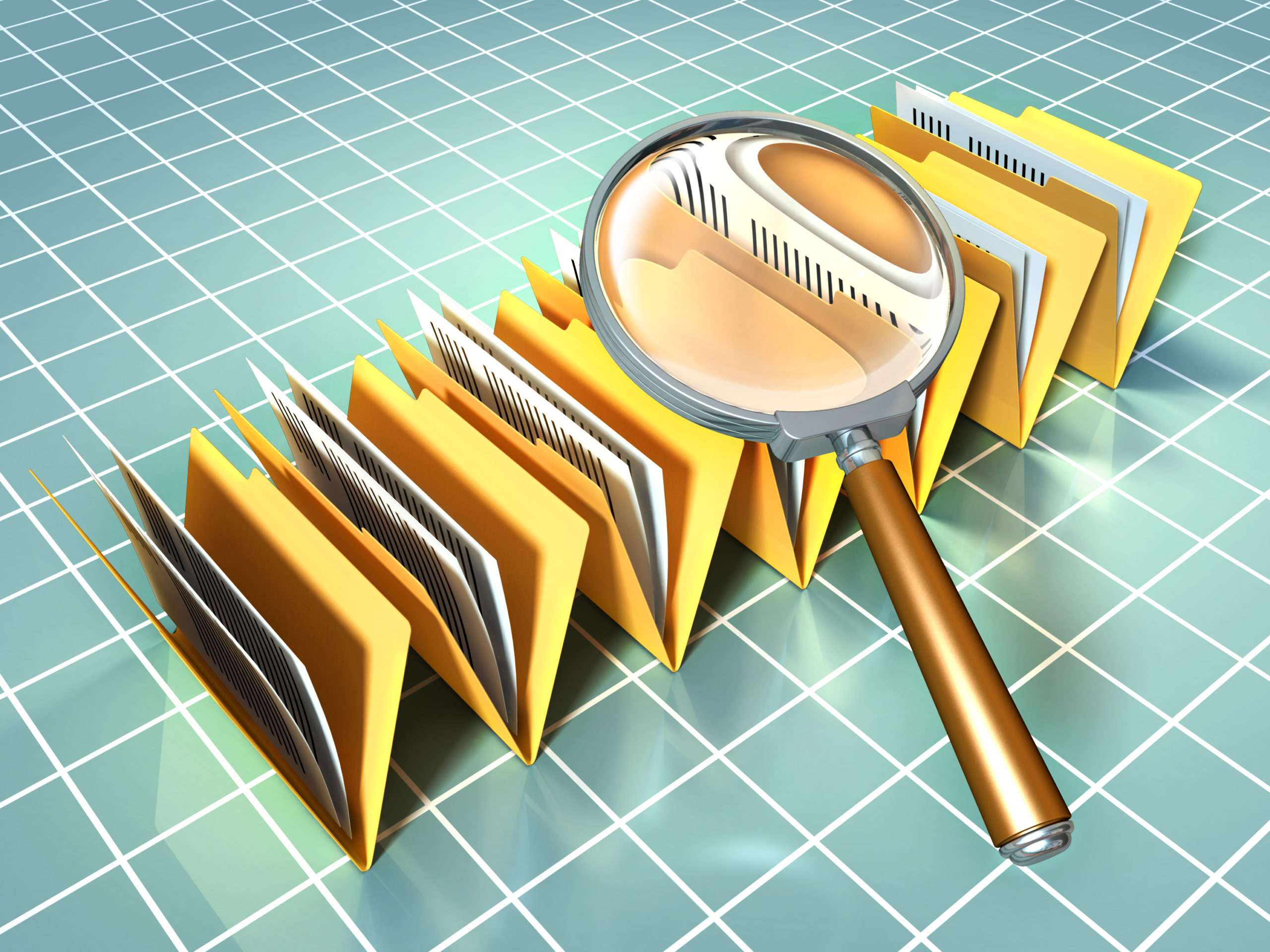 Graphic of files and magnifying glass