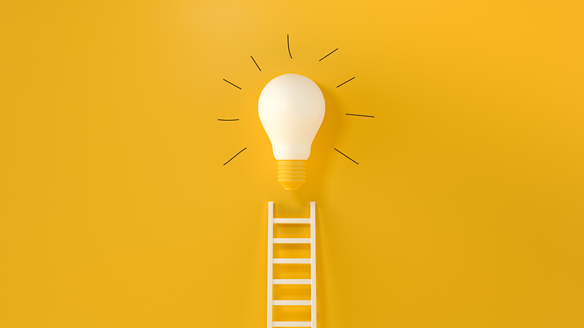 A ladder leading to a lightbulb on a bright yellow background